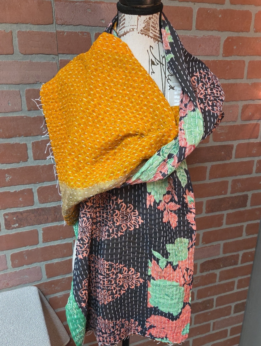 Reversible Kantha Yellow and Black Floral Scarf #97